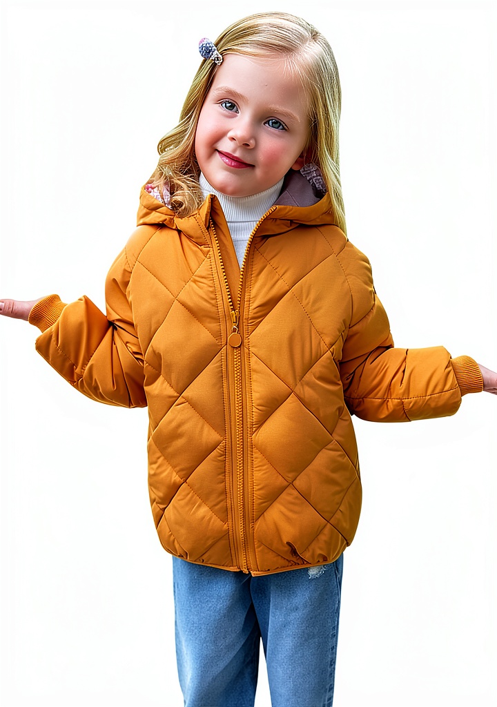 Child wearing coral lined down coat in winter
