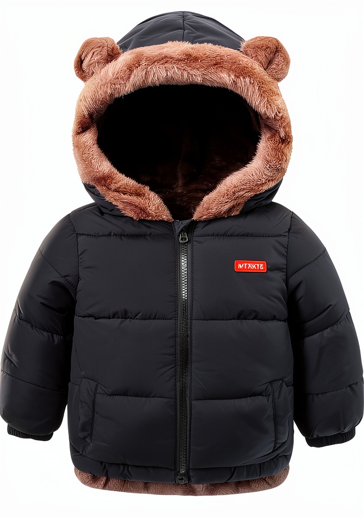 Baby wearing AIMISYOU winter puffer coat in a snowy park