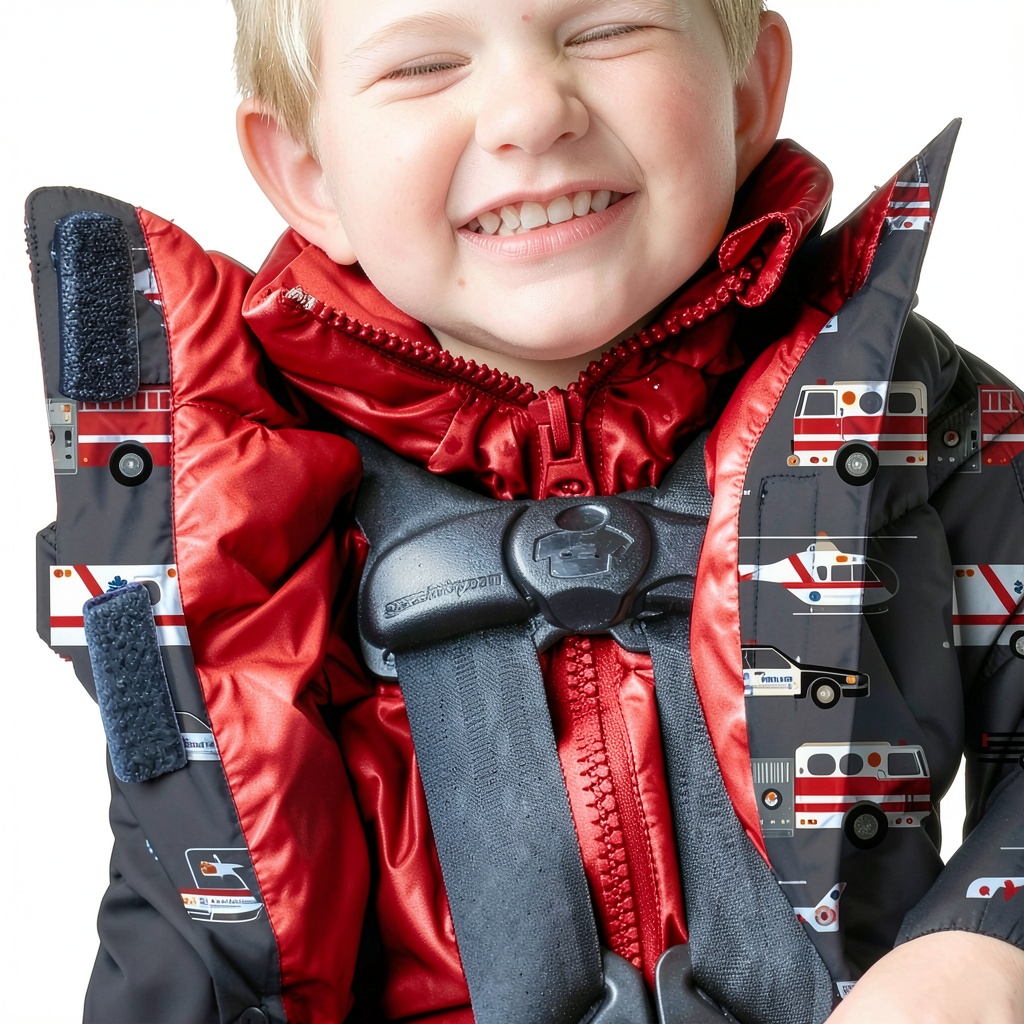 Baby boy wearing One Kid vegan winter jacket in a snowy park