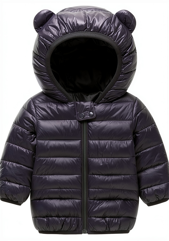 Baby wearing bear ear hooded puffer jacket in a snowy park