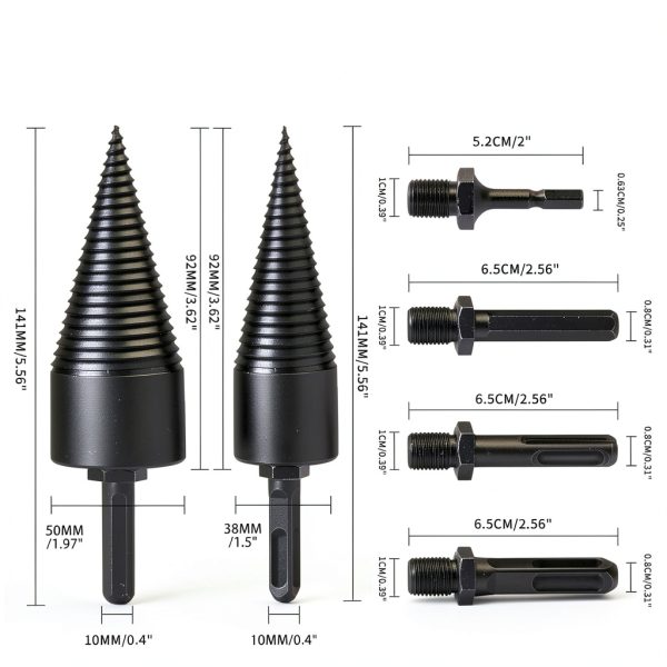 6 PCS 38mm+50mm Log Splitters Drill Bits, Firewood Log Splitter, Wood Log Splitter +4 Handles (Square + Round + Hex Shank + Small Hex), Easy Splitter Detachable Heavy Duty Electric Drill Bit-1