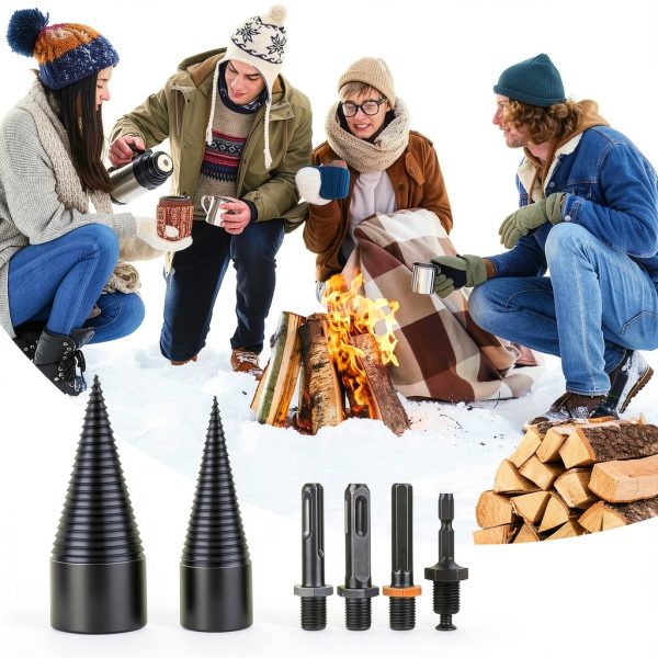 45+32mm Firewood Log Splitter, Fired Wood Kindling Splitter Set Detachable Design, Heavy Duty Electric Drills Screw Cone Driver Removable, Wood Splitting Wedge Tools 6Pcs-5