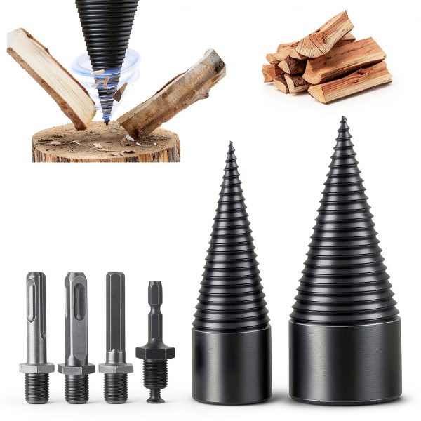 45+32mm Firewood Log Splitter, Fired Wood Kindling Splitter Set Detachable Design, Heavy Duty Electric Drills Screw Cone Driver Removable, Wood Splitting Wedge Tools 6Pcs-0